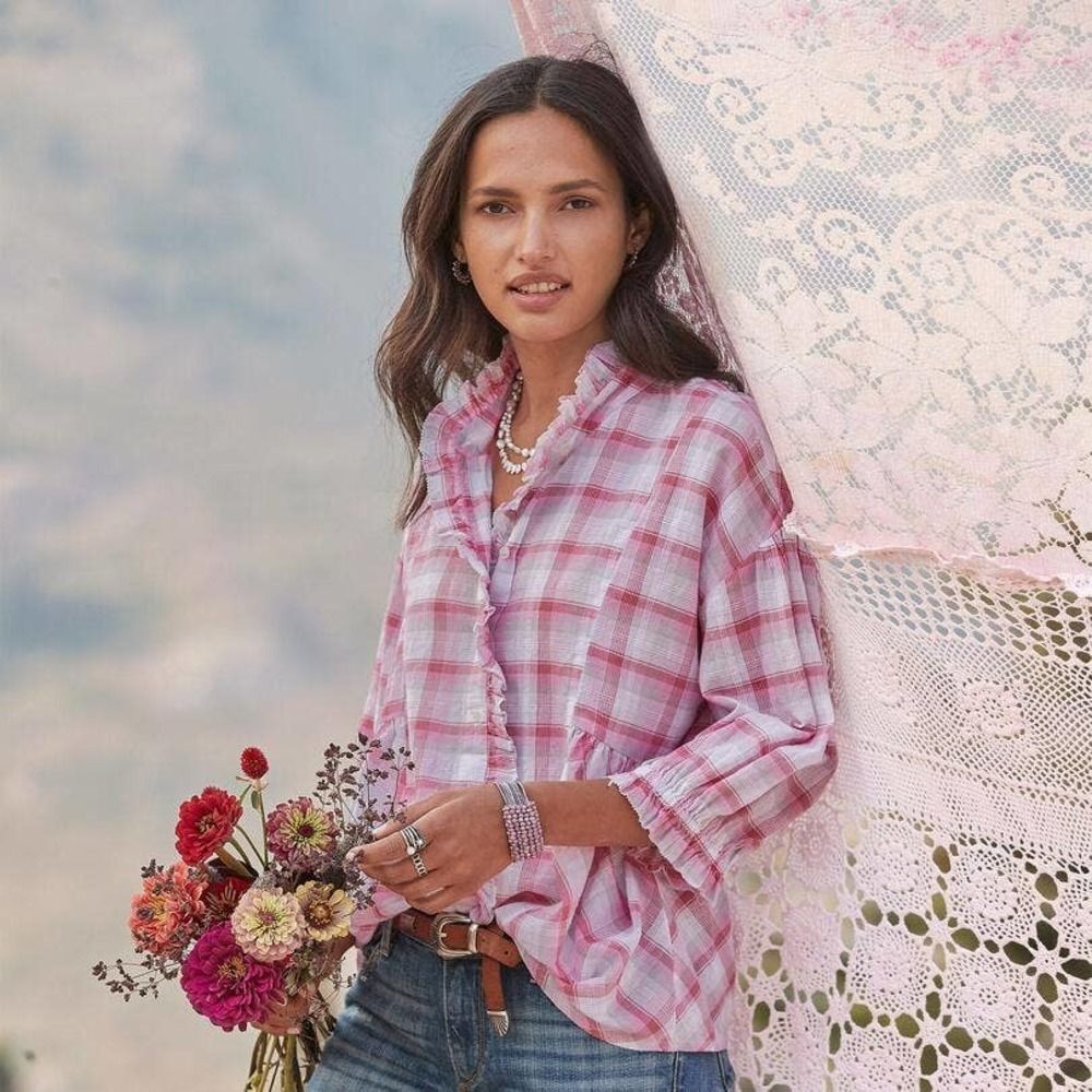 Sundance Janis Plaid Ruffle Blouse Pink Cotton Peasant Top Petite Medium Boho
